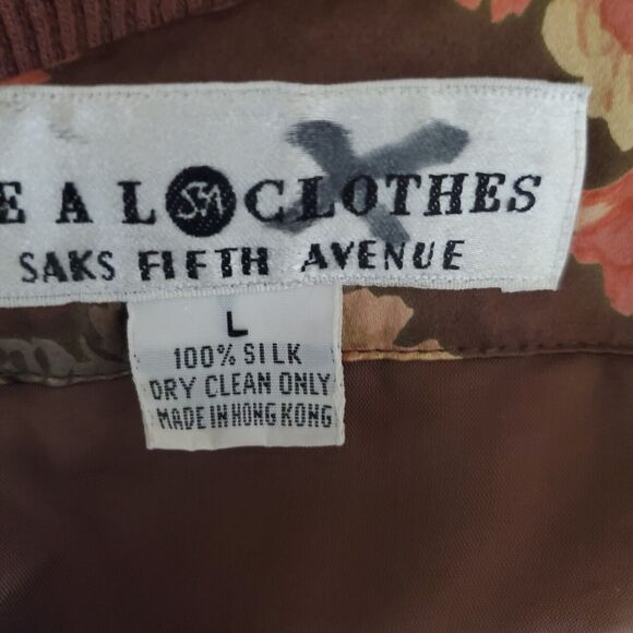 Saks Fifth Avenue Real Clothes Bomber Jacket Womens Large 100% Silk Brown Floral - Picture 11 of 11